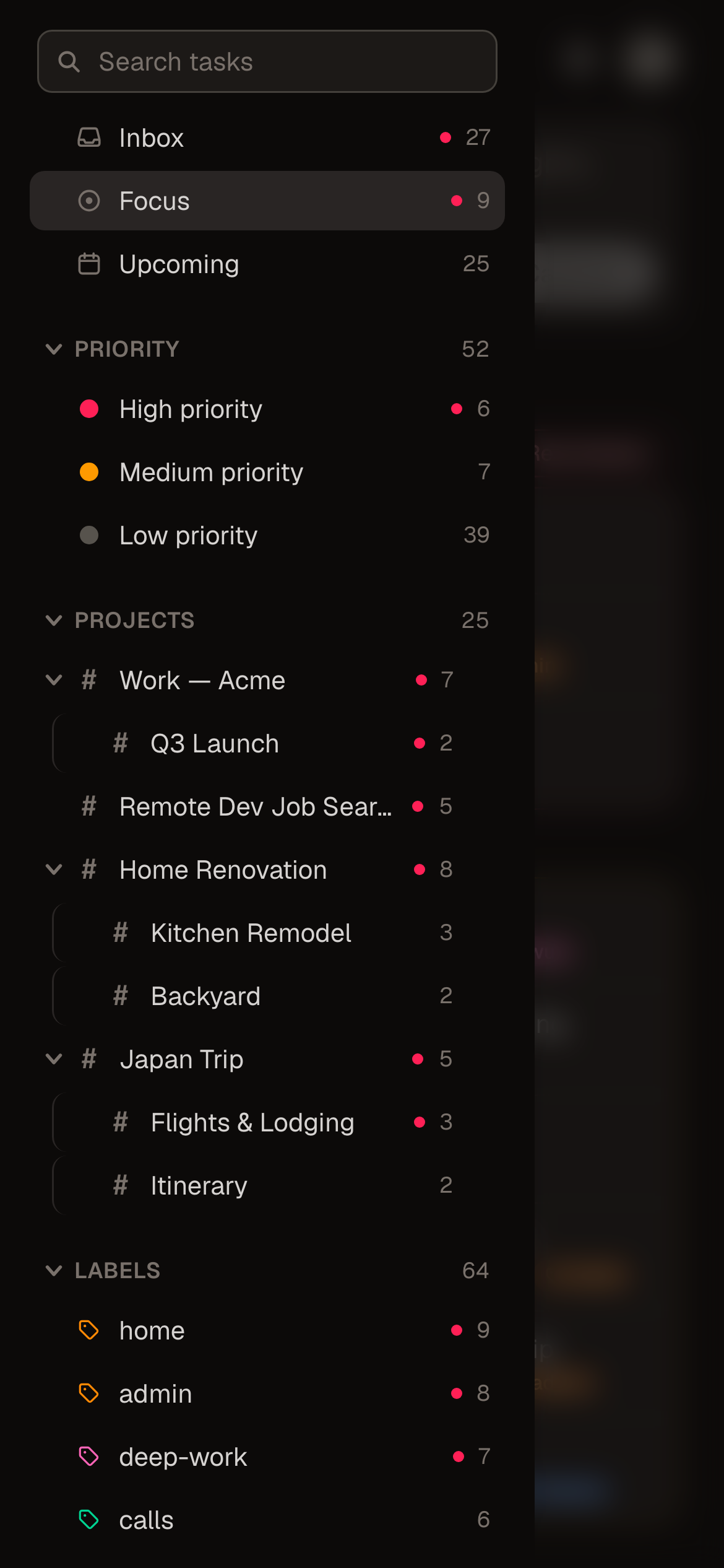Sidebar with projects like Japan Trip and Home Renovation, plus labels — all AI-created