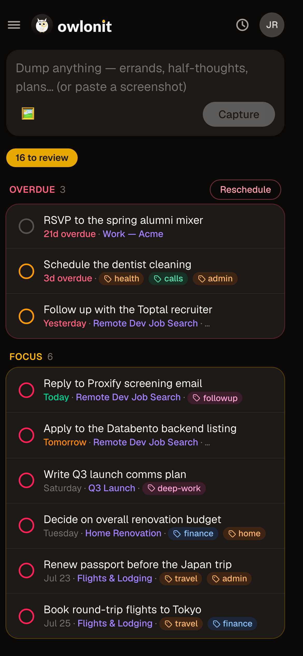 Focus view: overdue and today's tasks, already dated, filed, and prioritized