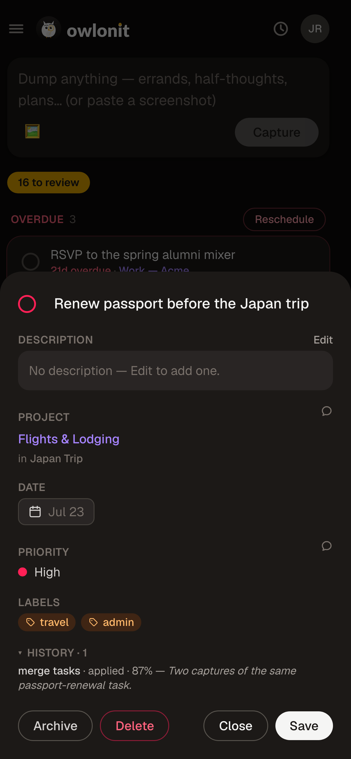 Task sheet for “Renew passport before the Japan trip” with inferred project, date, priority, labels, and history